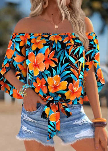 women clothes image of Multi Color Tummy Coverage Floral Print Half Sleeve Blouse