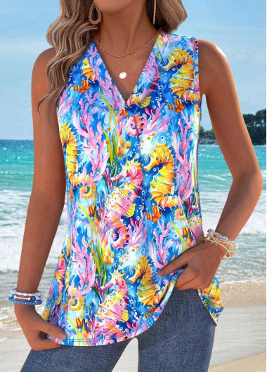 women clothes image of Multi Color Tummy Coverage Marine Life Print Tank Top