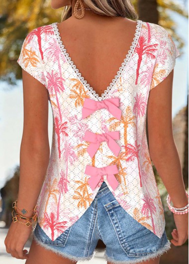 women clothes image of Light Pink Tropical Plants Print Bowknot T Shirt