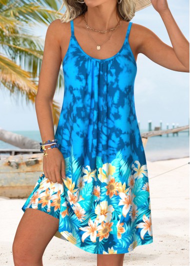 women clothes image of Blue Tummy Coverage Floral Print Short Strappy Dress