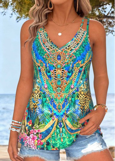 women clothes image of Green Tribal Print Sleeveless Scoop Neck Tank Top