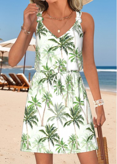 women clothes image of White Tummy Coverage Tropical Plants Print Short Sleeveless Dress