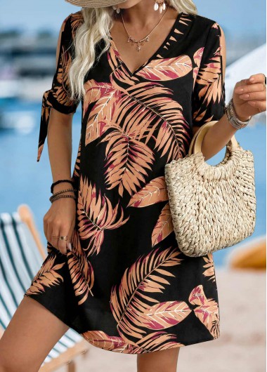 women clothes image of Black Tummy Coverage Leaf Print A Line Dress