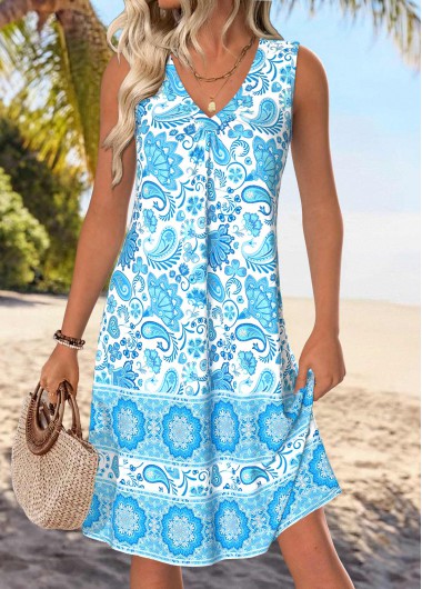 women clothes image of Multi Color Tummy Coverage Tribal Print Sleeveless Dress