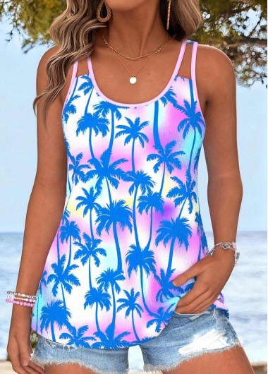 women clothes image of Multi Color Tummy Coverage Tropical Plants Print Tank Top