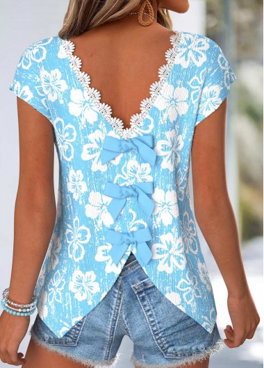 women clothes image of Light Blue Tummy Coverage Floral Print T Shirt