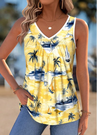 women clothes image of Ginger Tummy Coverage Tropical Plants Print Sleeveless Tank Top