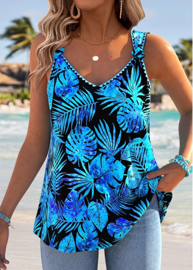 women clothes image of Royal Blue Tummy Coverage Leaf Print Strappy Tank Top