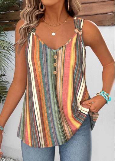 Multi Color Tummy Coverage Striped Strappy Tank Top