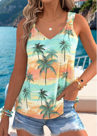 women clothes image of Multi Color Tropical Plants Print Tummy Coverage Tank Top