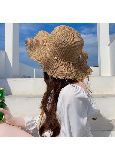 women clothes image of Dark Camel Tie Pearl Straw Hat