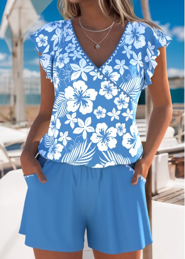 women clothes image of Tummy Coverage Floral Print Dusty Blue One Piece Swimwear