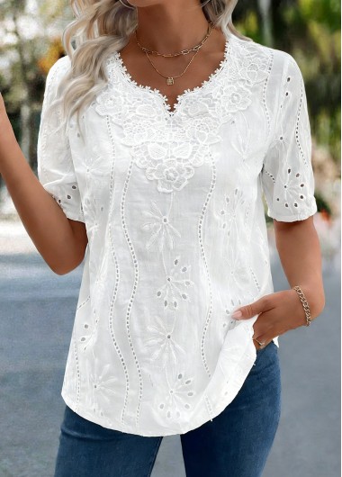 women clothes image of White Tummy Coverage Short Sleeve Split Neck Blouse