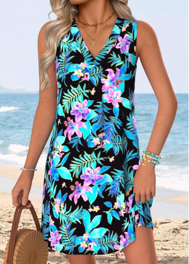 women clothes image of Multi Color Tummy Coverage Floral Print Short Sleeveless Dress