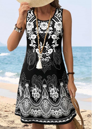 women clothes image of Black Tummy Coverage Tribal Print Sleeveless Round Neck Dress