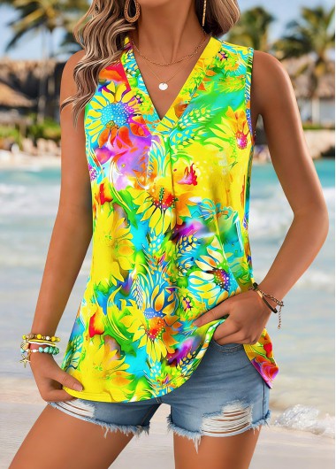 women clothes image of Yellow Floral Print Sleeveless V Neck Tank Top