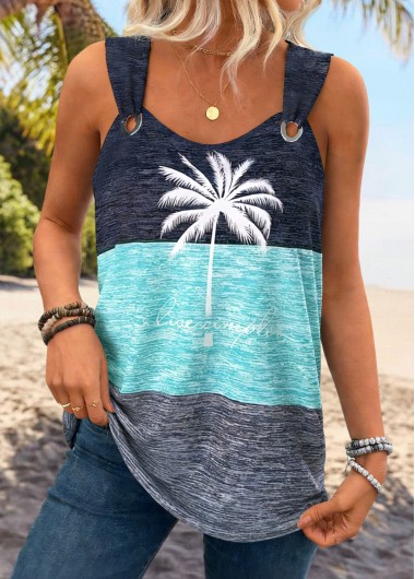 women clothes image of Cyan Tummy Coverage Tropical Plants Print Sleeveless Tank Top