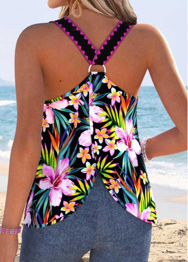 women clothes image of Multi Color Tummy Coverage Floral Print Strappy Tank Top