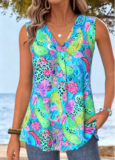 women clothes image of Blue Tummy Coverage Paisley Print Sleeveless Tank Top