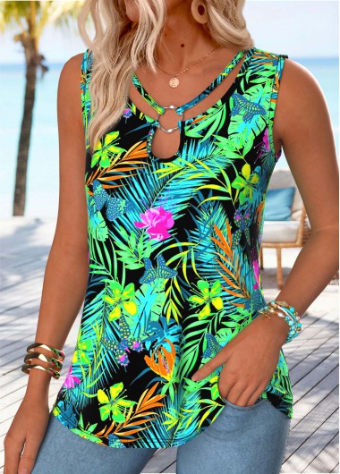 women clothes image of Green Tummy Coverage Tropical Plants Print Sleeveless Tank Top