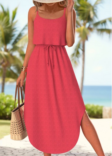 women clothes image of Coral Tummy Coverage Strappy Round Neck Dress