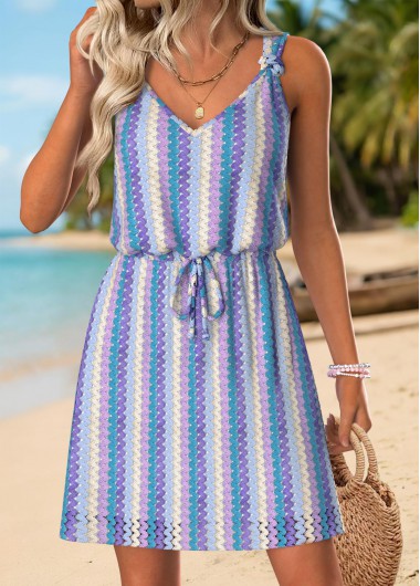 women clothes image of Purplish Blue Tummy Coverage Multi Stripe Print Short Dress