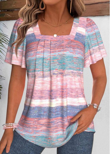 women clothes image of Multi Color Tummy Coverage Striped Short Sleeve T Shirt