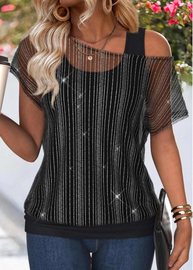 women clothes image of Black Tummy Coverage Short Sleeve One Shoulder T Shirt