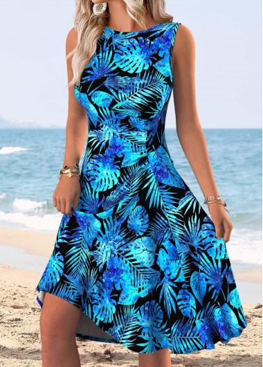 women clothes image of Blue Tummy Coverage Tropical Plants Print Sleeveless Dress