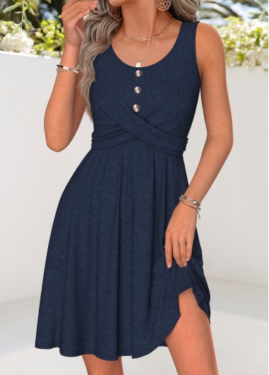 women clothes image of Navy Tummy Coverage Short Sleeveless Round Neck Dress