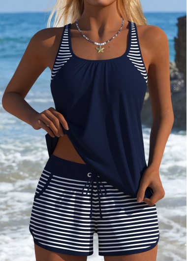 women clothes image of Tummy Coverage Mid Waisted Striped Navy Tankini Set