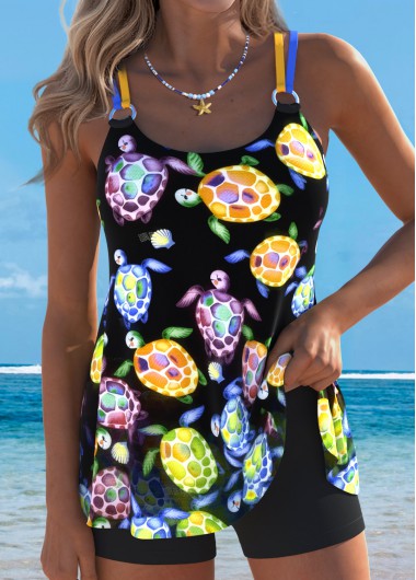 women clothes image of Tummy Coverage Marine Life Print Black Tankini Top