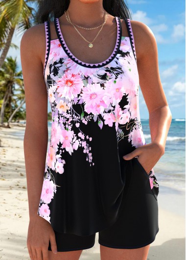 women clothes image of Curved Hem Mid Waisted Floral Print Pink Tankini Set