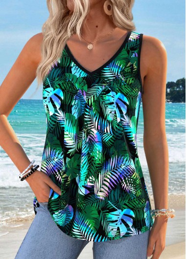 women clothes image of Multi Color Tummy Coverage Tropical Plants Print Tank Top