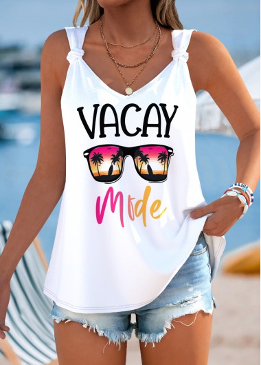 women clothes image of White Tie Letter Print Strappy V Neck Tank Top