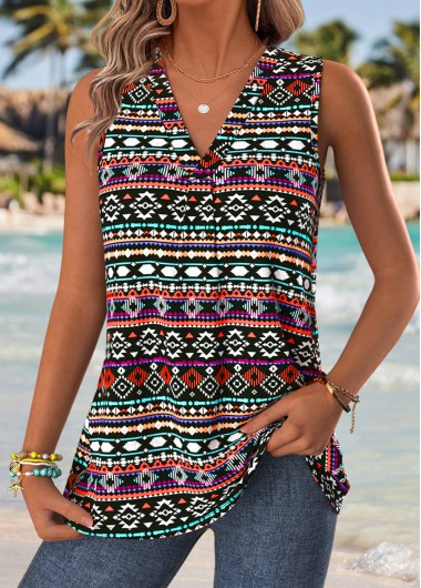 women clothes image of Multi Color Tribal Print Sleeveless V Neck Tank Top