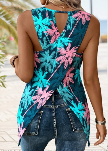 women clothes image of Multi Color Tropical Plants Print Tummy Coverage Tank Top