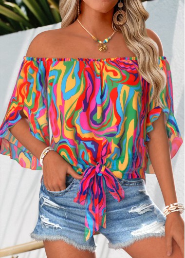 women clothes image of Multi Color Tie Striped Half Sleeve Off Shoulder Blouse