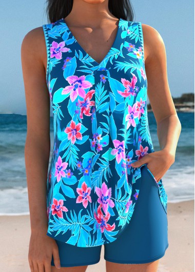 women clothes image of Tummy Coverage Peacock Blue Tropical Plants Print Tankini Set