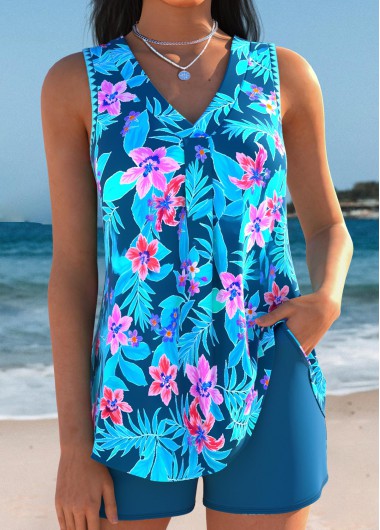 women clothes image of Tummy Coverage Peacock Blue Tropical Plants Print Tankini Set