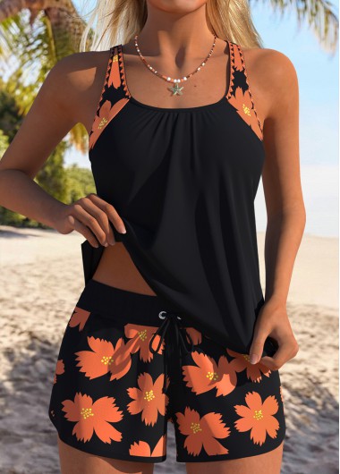women clothes image of Tummy Coverage Mid Waisted Floral Print Black Tankini Set