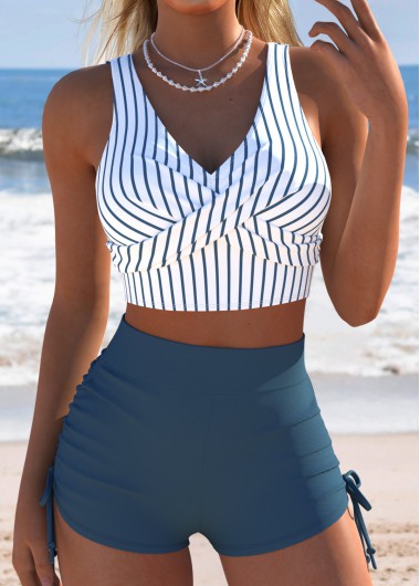 women clothes image of Surplice Mid Waisted Striped Dusty Blue Bikini Set