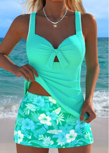women clothes image of Tummy Coverage Mint Green Floral Print Tankini Set