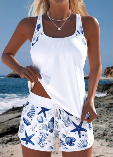 women clothes image of Tummy Coverage White Marine Life Print Tankini Set