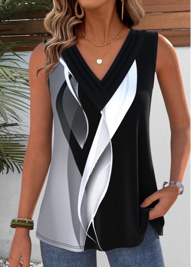 women clothes image of Black Geometric Print Sleeveless V Neck Tank Top
