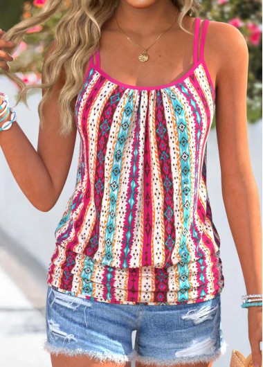 women clothes image of Multi Color Curved Hem Striped Strappy Camisole Top