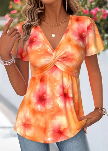 women clothes image of Orange Floral Print Twist Short Sleeve T Shirt