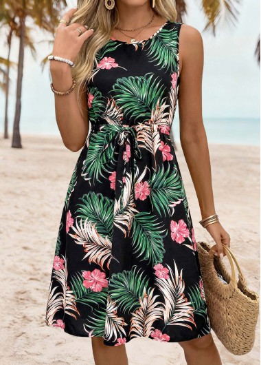 women clothes image of Black Tummy Coverage Tropical Plants Print Sleeveless Dress