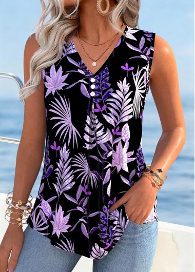 women clothes image of Purple Tummy Coverage Leaf Print Sleeveless Tank Top