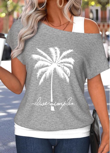 women clothes image of Grey Tummy Coverage Tropical Plants Print T Shirt